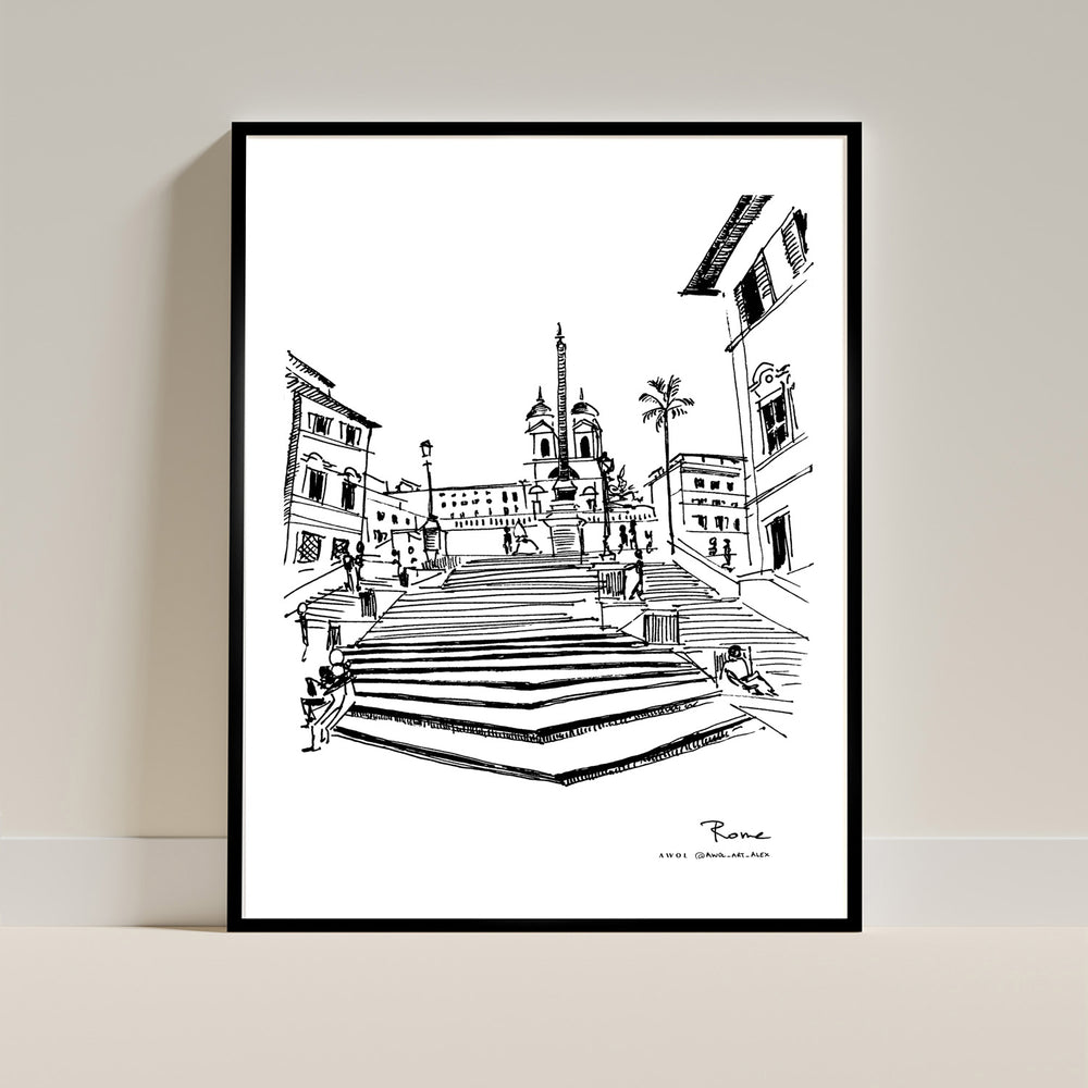 Rome Spanish Steps – Hand-Drawn Wall Art Print | Wooden Framed Fine Art Poster | Minimalist Italy Travel Decor