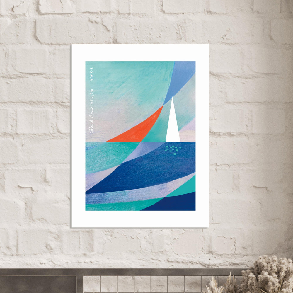 
                      
                        Blue Abstract Art With White Sailboat And Sunrise On the Mediterranean Sea: Poster Print
                      
                    