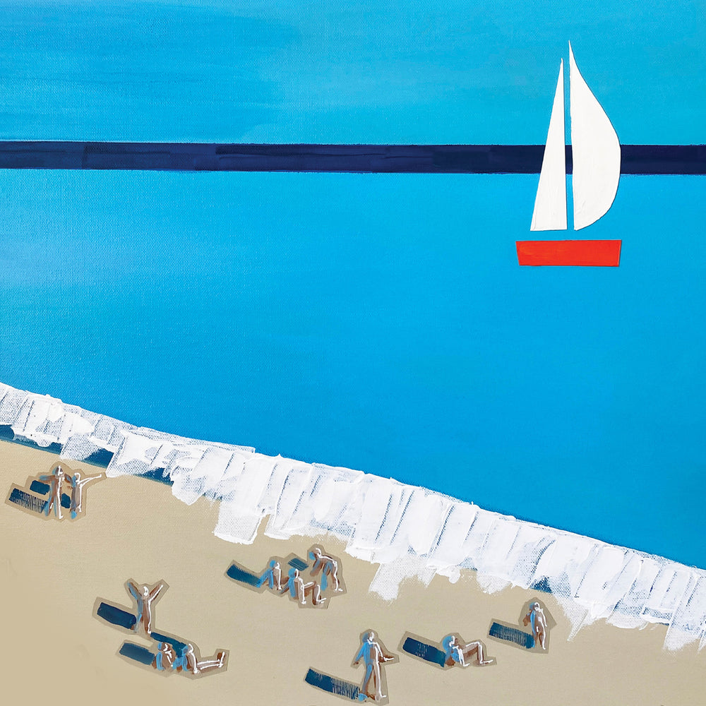 
                      
                        French Riviera Beach Poster – Minimalist Sailboat Art Print, Mid-Century Coastal Wall Art, Mediterranean Travel Decor with SunbathersFine Art Poster
                      
                    