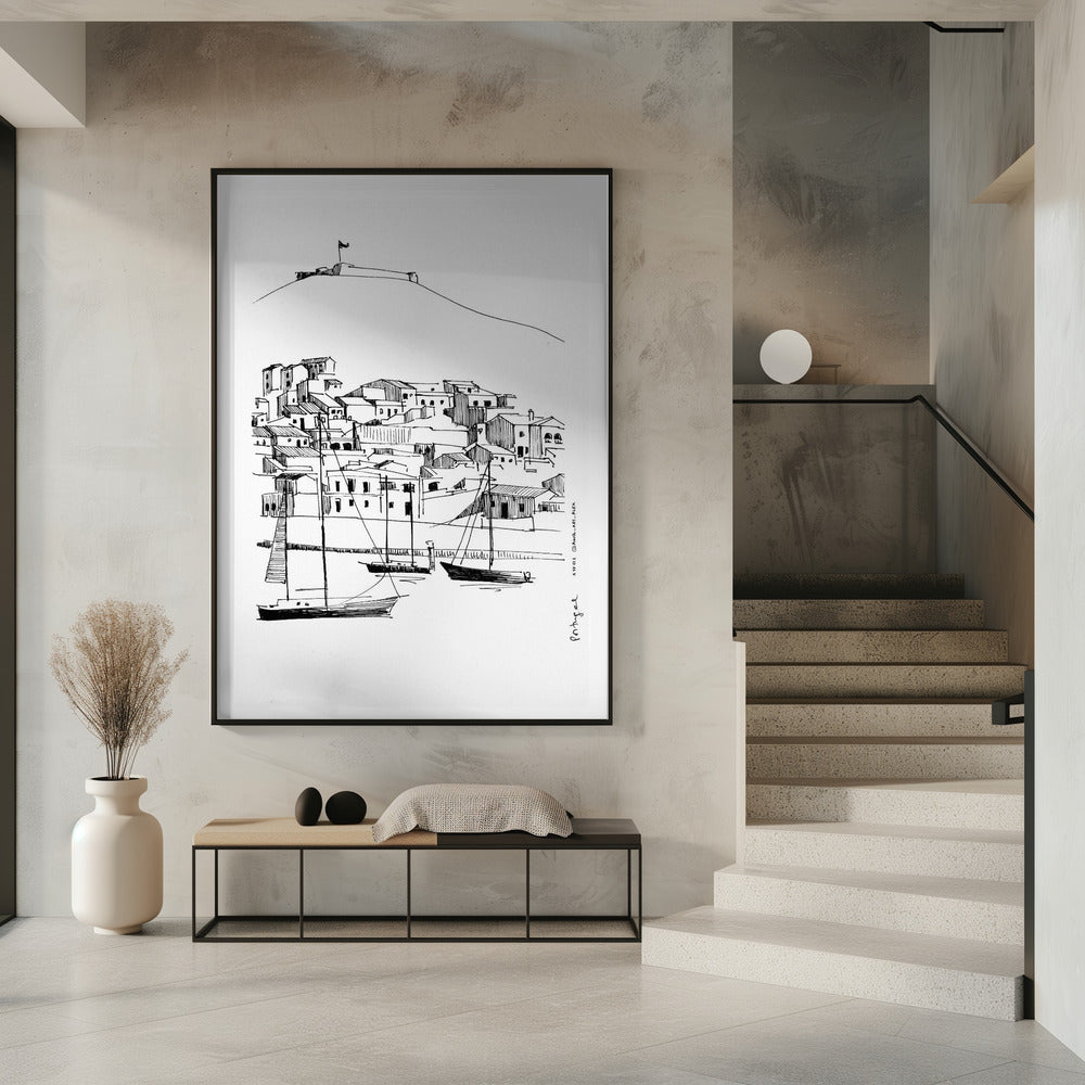 
                      
                        Small Portugese Town Overlooking Spain With Sailboats: Fine Art Framed Poster
                      
                    