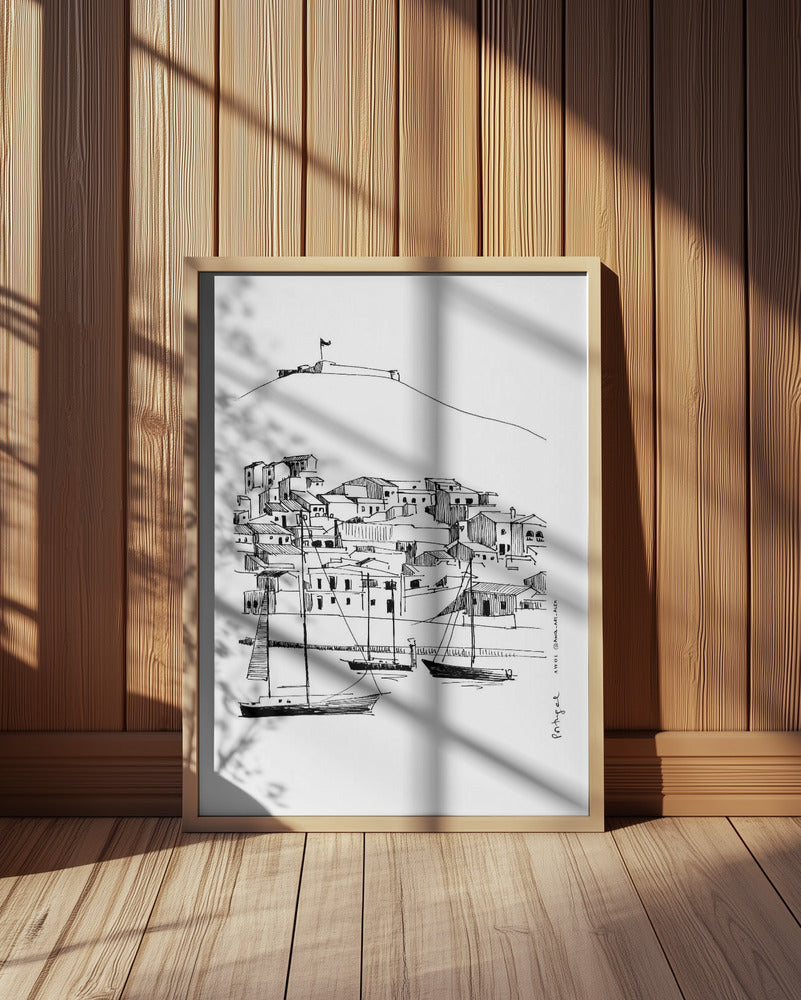 
                      
                        Small Portugese Town Overlooking Spain With Sailboats: Fine Art Framed Poster
                      
                    