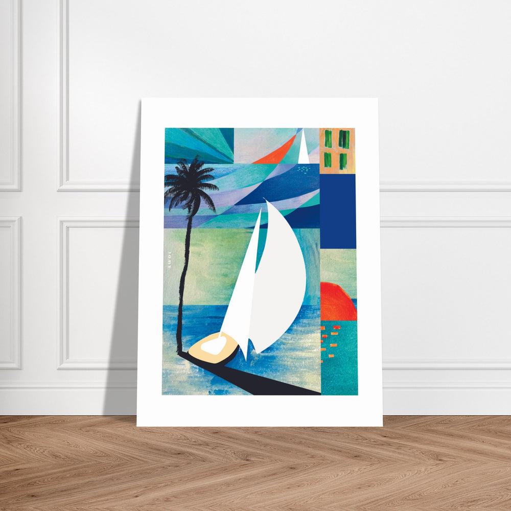 
                      
                        White Sailboat On Blue Sea At Sunrise, Palm Tree Art Print On Aluminum
                      
                    