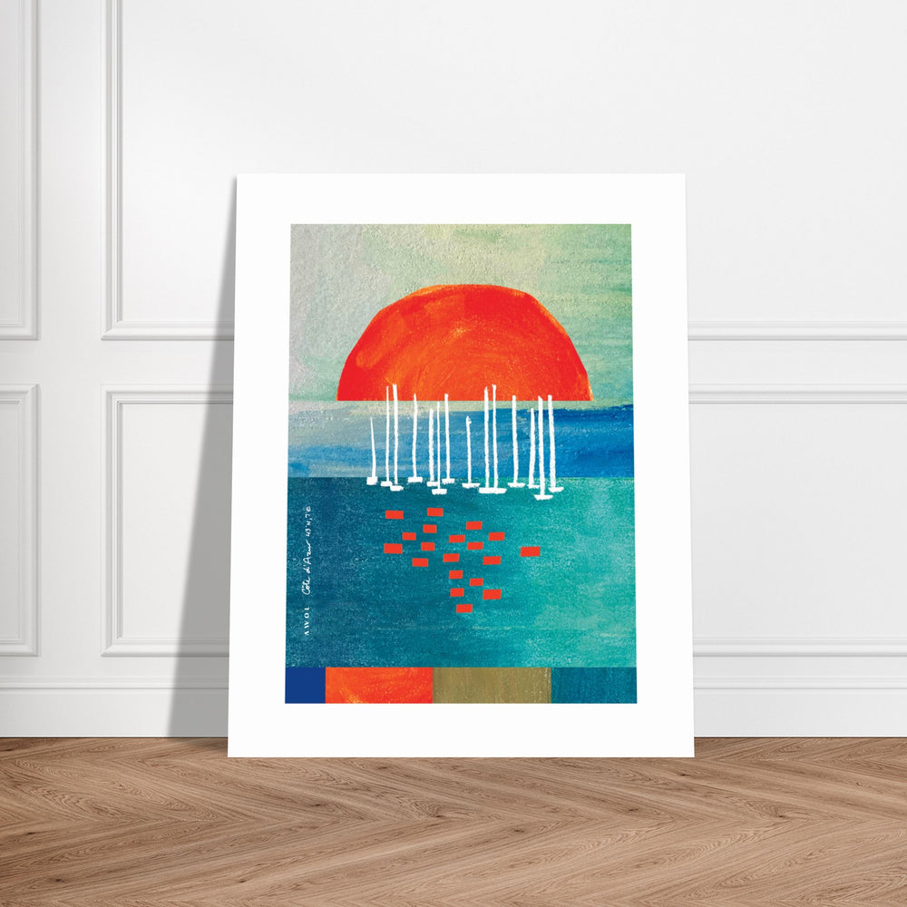 
                      
                        Orange Sunrise Over Blue Sea, Water Reflections And Sailboats: Poster Print
                      
                    