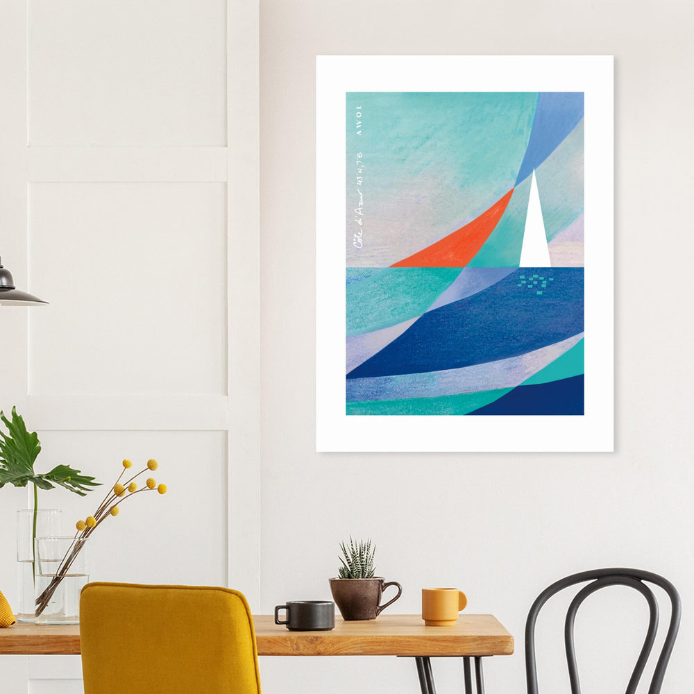 
                      
                        Blue Abstract Art With White Sailboat And Sunrise On the Mediterranean Sea: Poster Print
                      
                    