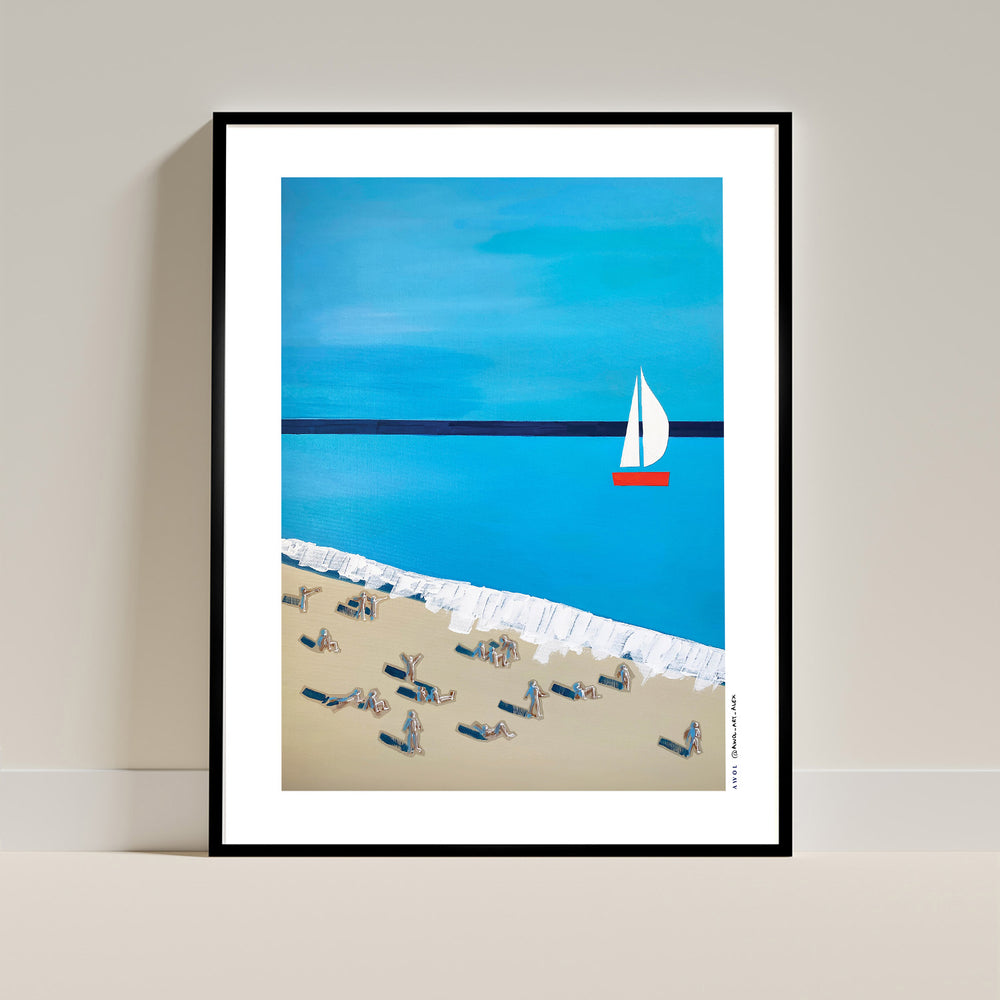French Riviera Beach Poster – Minimalist Sailboat Art Print, Mid-Century Coastal Wall Art, Mediterranean Travel Decor with Sunbathers: Fine Art Wooden Framed Art Print