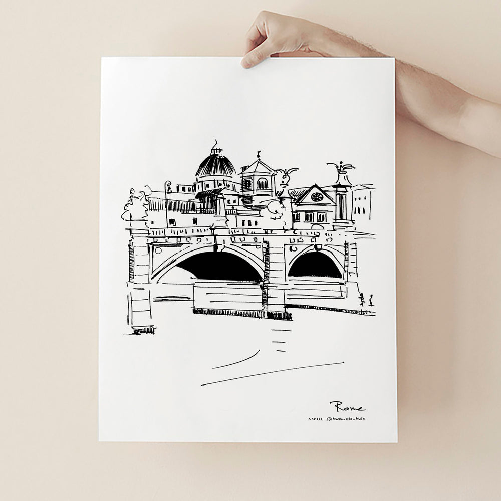 Rome Italy Wall Art Print – Hand-Drawn Bridge Sketch – Fine Art Travel Poster for Home & Wall Decor | Cityscape Line Art