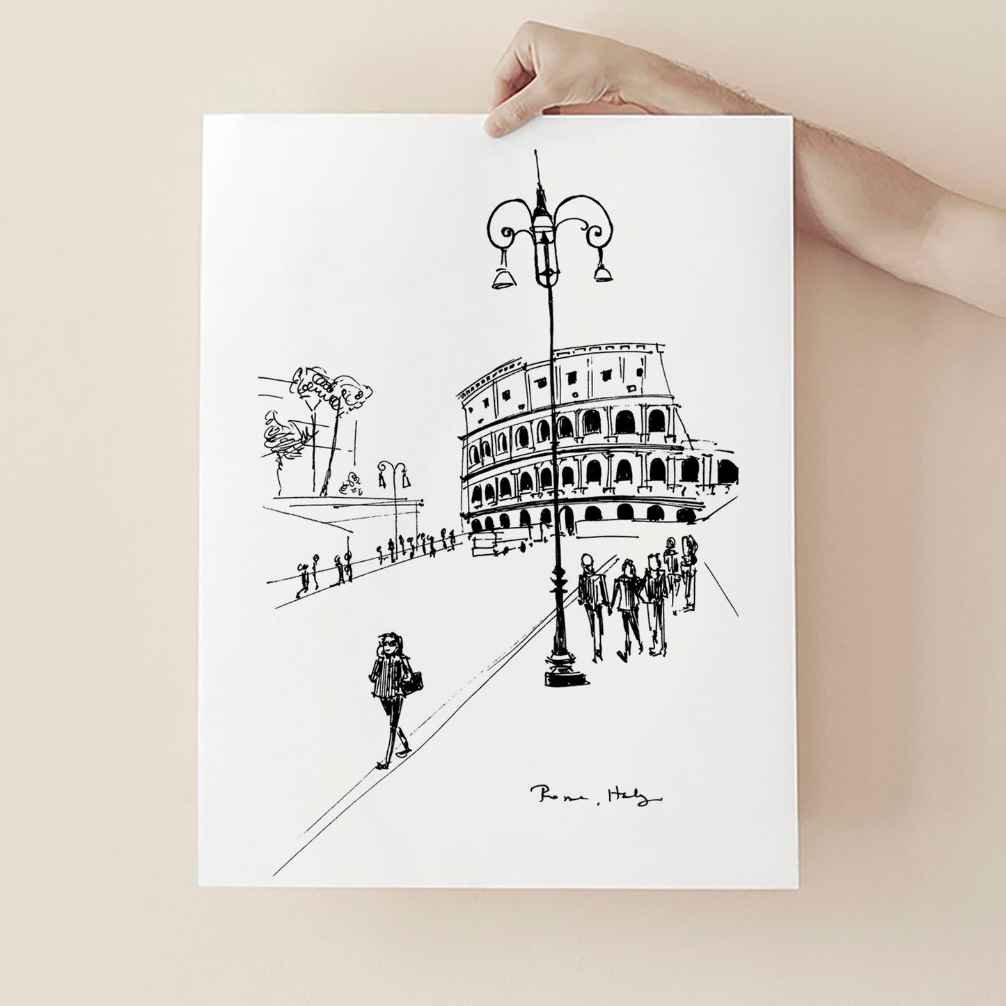 Illustration of the Colosseum in Rome with people and a street lamp, held by a hand on a white background.