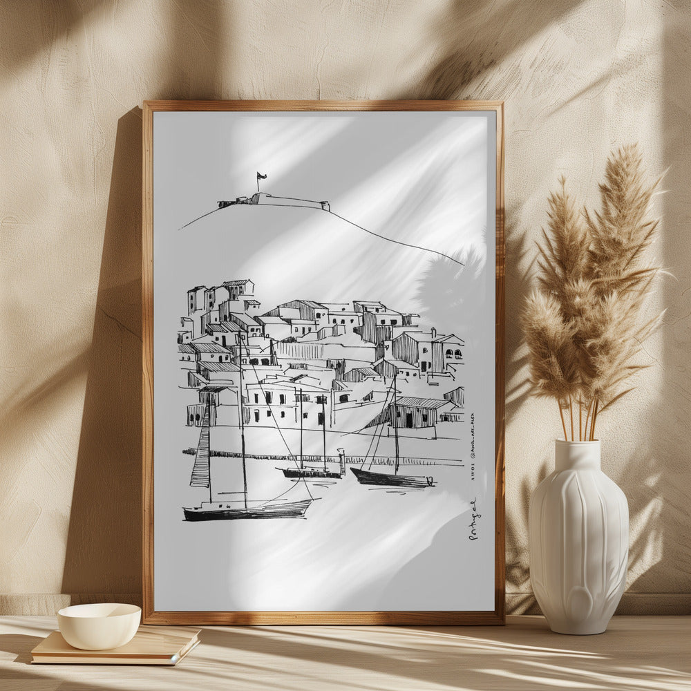 
                      
                        Small Portugese Town Overlooking Spain With Sailboats: Fine Art Framed Poster
                      
                    