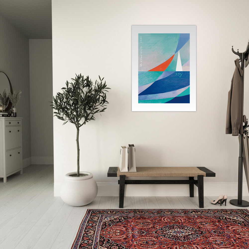 
                      
                        Blue Abstract Art With White Sailboat And Sunrise On the Mediterranean Sea: Poster Print
                      
                    