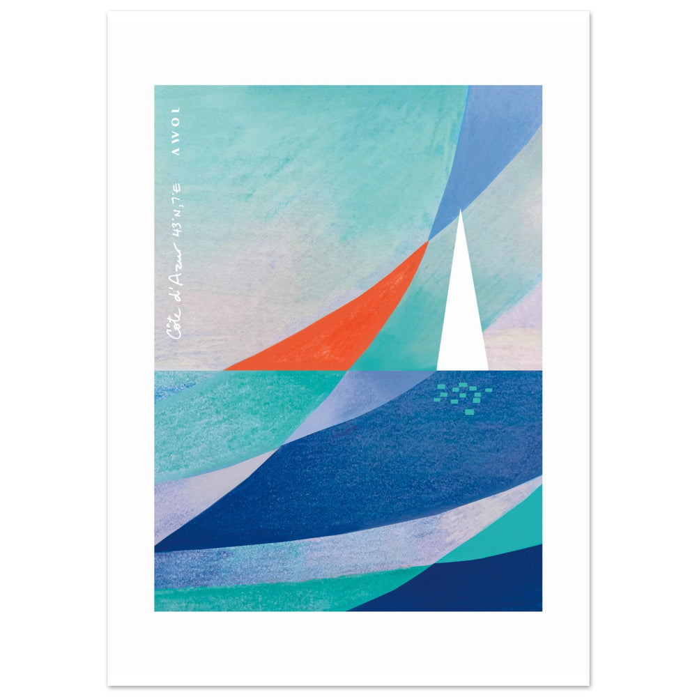 
                      
                        Blue Abstract Art With White Sailboat And Sunrise On the Mediterranean Sea: Poster Print
                      
                    