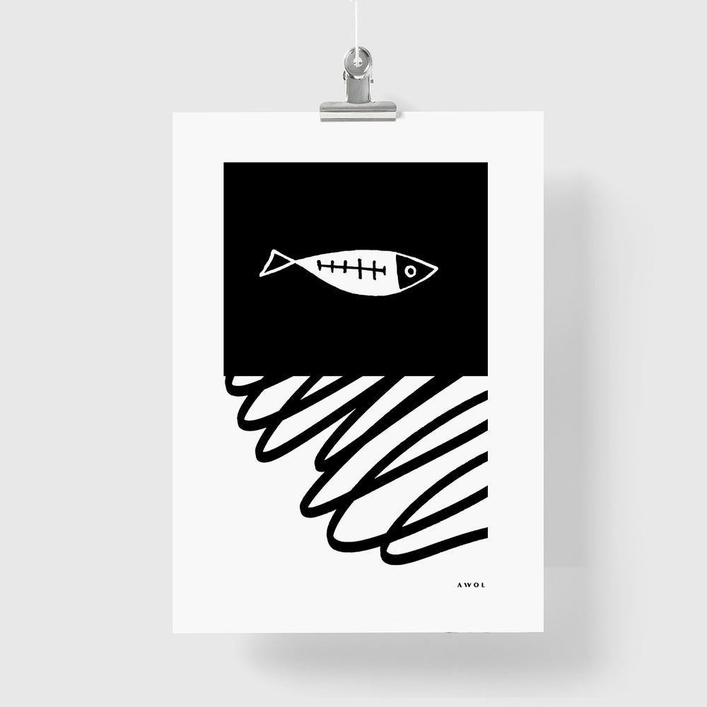 Black And White Abstract Wall Art With Fish And Minimalist Lines: Poster Print