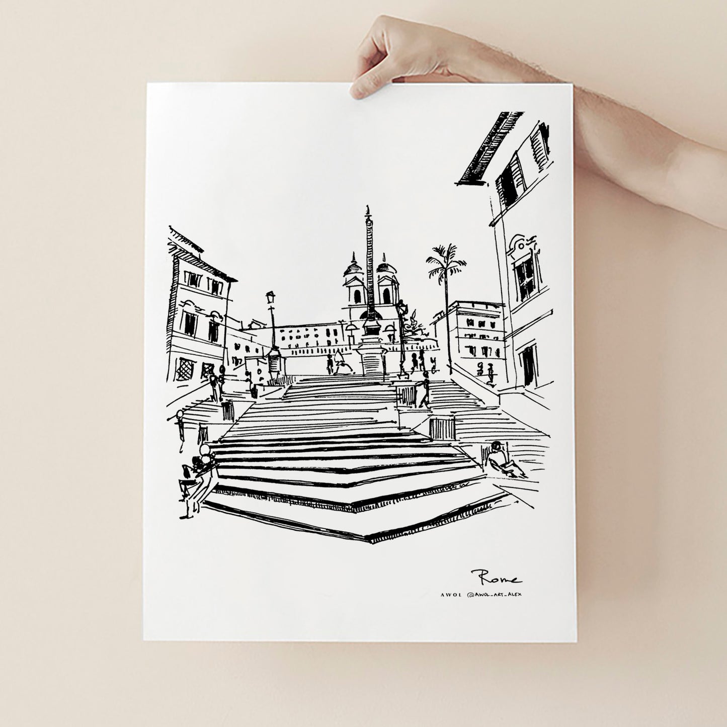 Art print of a black and white illustration of a famous Rome, Italy landmark: The Spanish Steps held by a hand on a beige background.