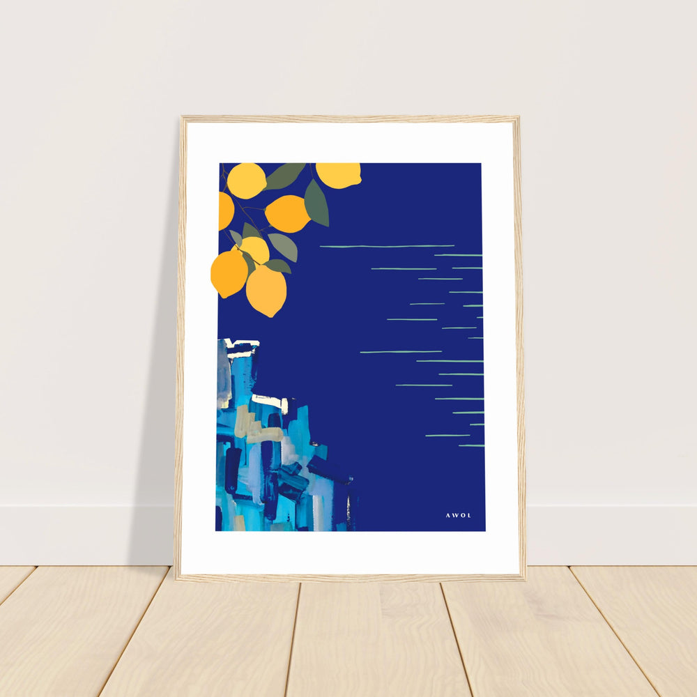 
                      
                        Mediterranean Blues: Landscape Art With Lemons By The Sea, Wooden Framed Art Print
                      
                    