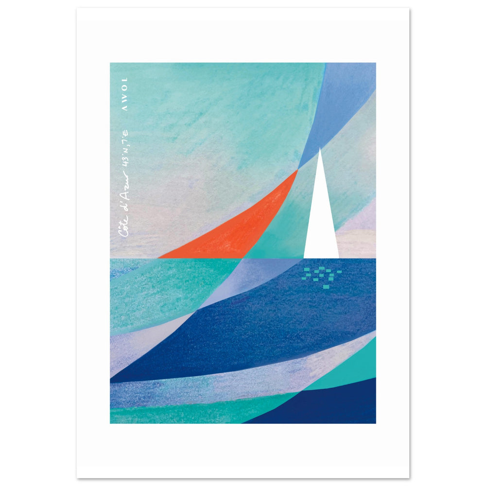 
                      
                        Blue Abstract Art With White Sailboat And Sunrise On the Mediterranean Sea: Poster Print
                      
                    