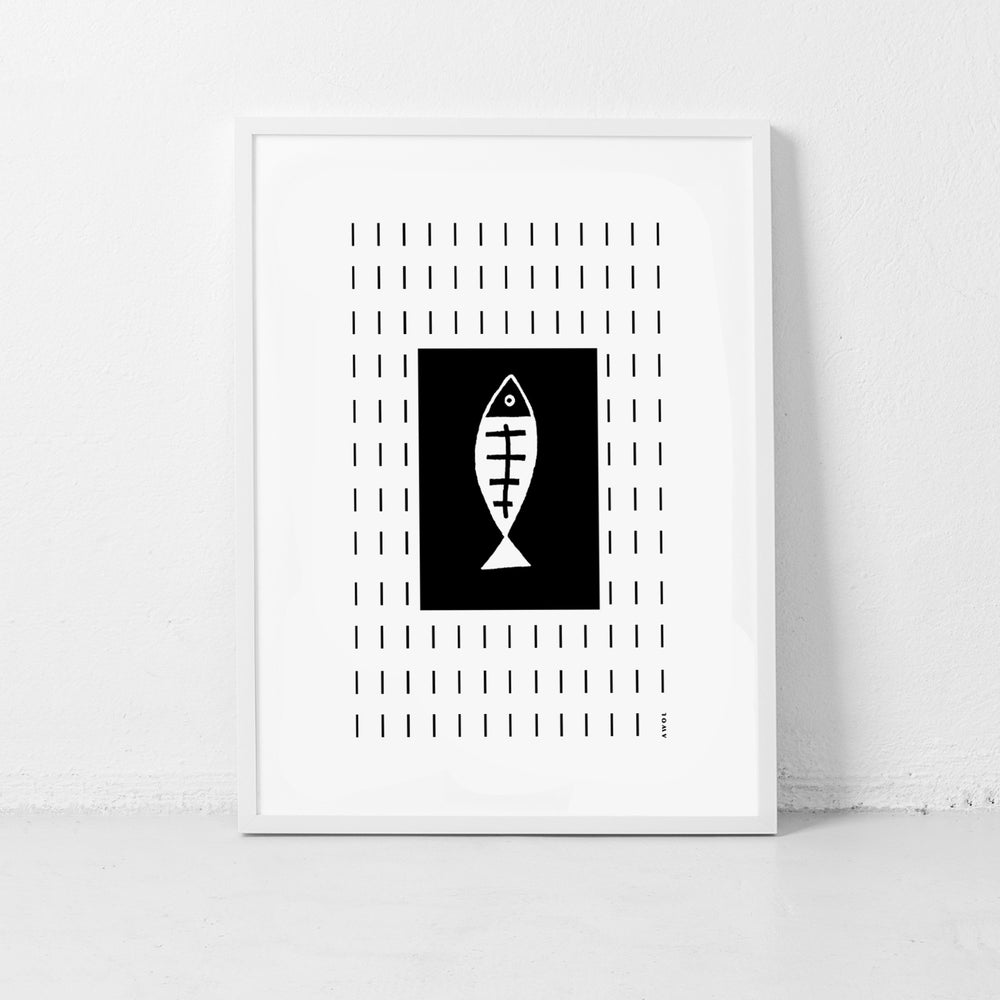 
                      
                        Minimalist Fish Art Abstraction In Rain Pattern, Black and White Framed Art Print
                      
                    