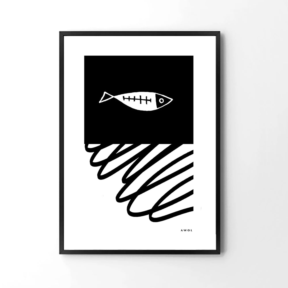 
                      
                        Black And White Abstract Wall Art With Fish And Minimalist Lines: Poster Print
                      
                    