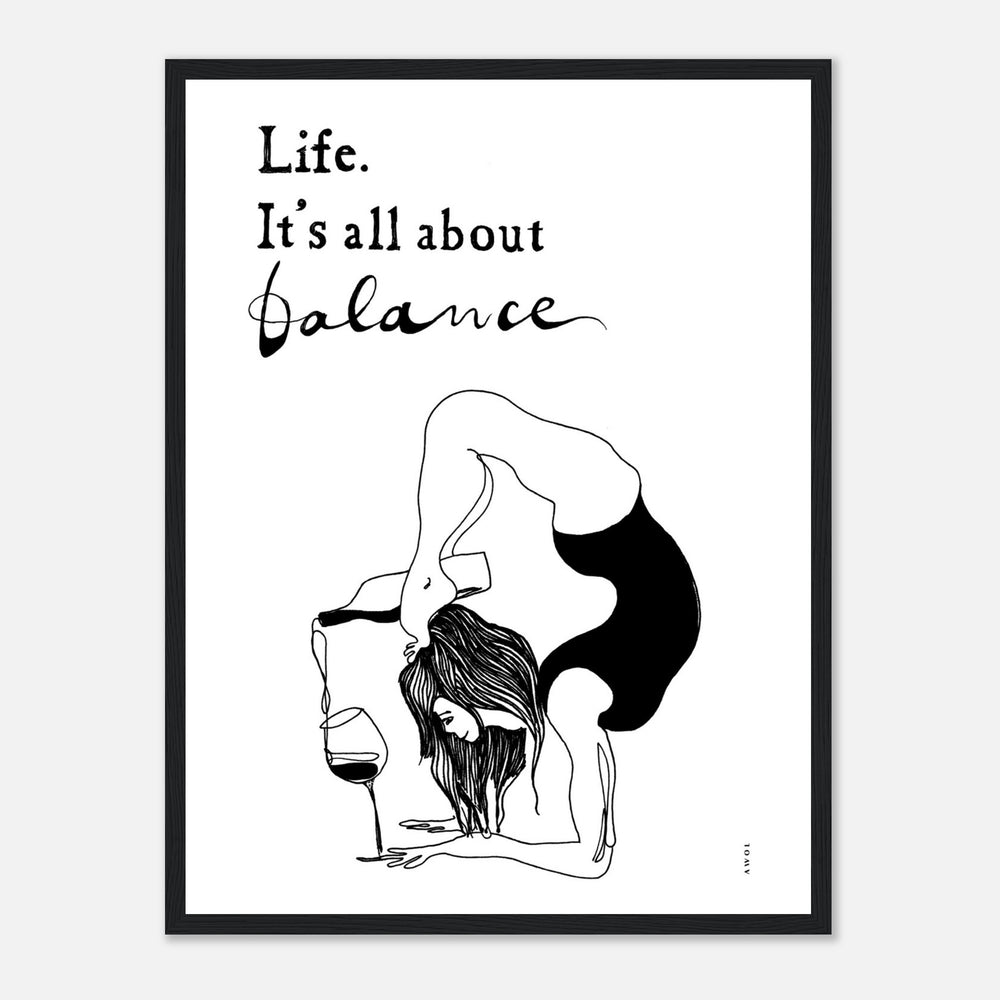 Yoga Art Print With Yoga Pose, Wine And Balance: Framed Art Print