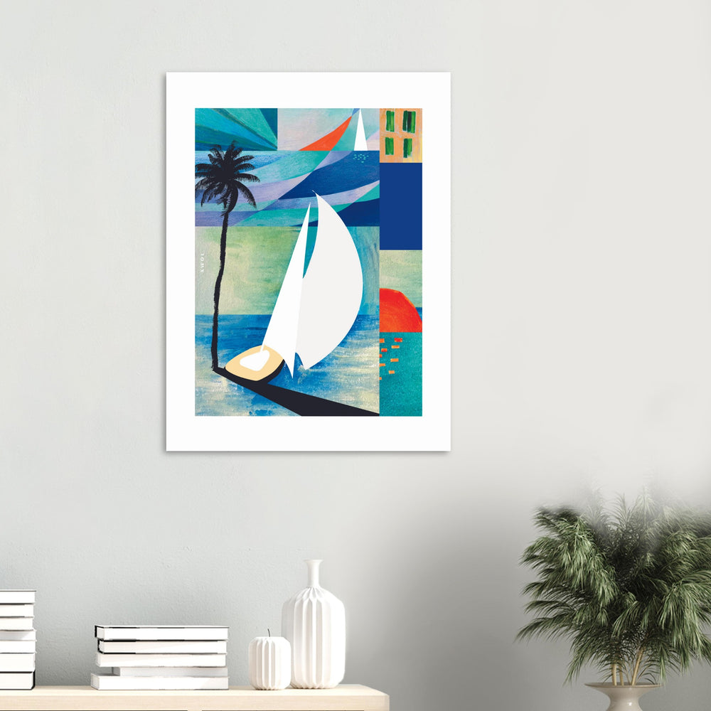 
                      
                        White Sailboat On Blue Sea At Sunrise, Palm Tree Art Print On Aluminum
                      
                    