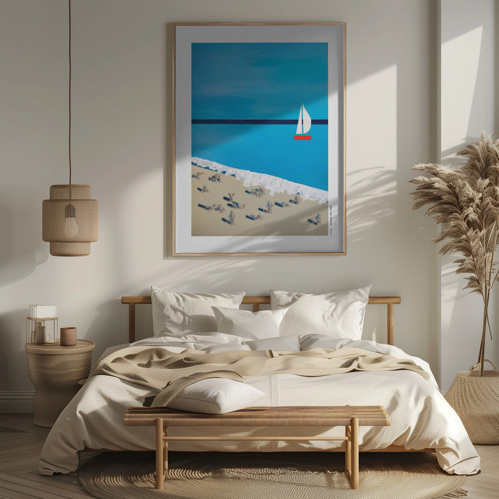 
                      
                        French Riviera Beach Poster – Minimalist Sailboat Art Print, Mid-Century Coastal Wall Art, Mediterranean Travel Decor with Sunbathers: Fine Art Wooden Framed Art Print
                      
                    