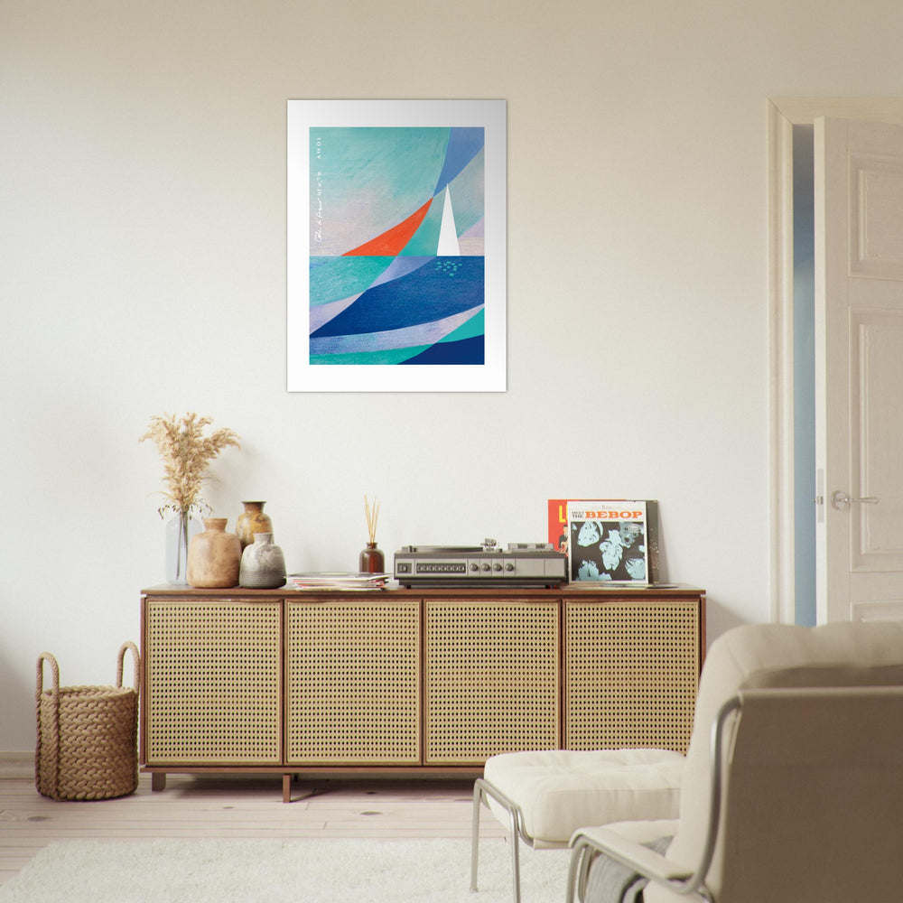 
                      
                        Blue Abstract Art With White Sailboat And Sunrise On the Mediterranean Sea: Poster Print
                      
                    