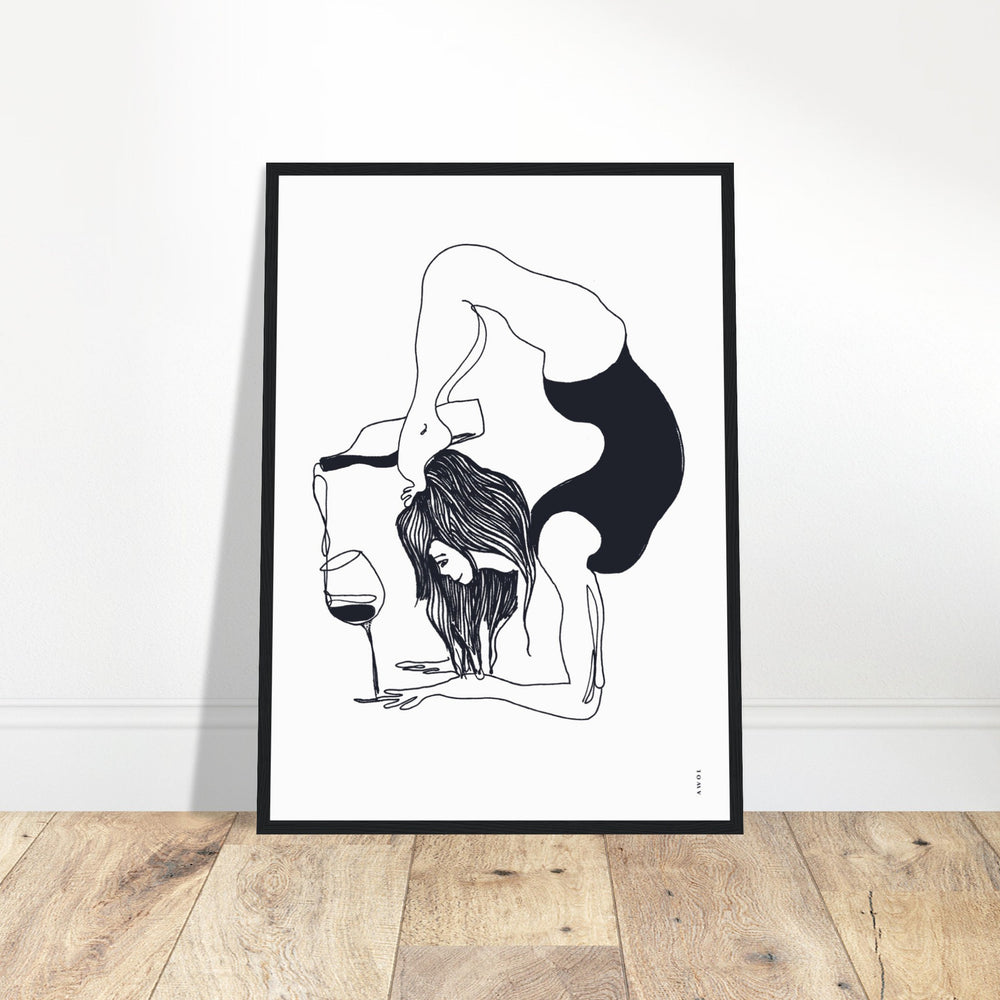 
                      
                        Funny Black And White Yoga Art Print In Wooden Frame With Wine And Balance Yoga Pose
                      
                    