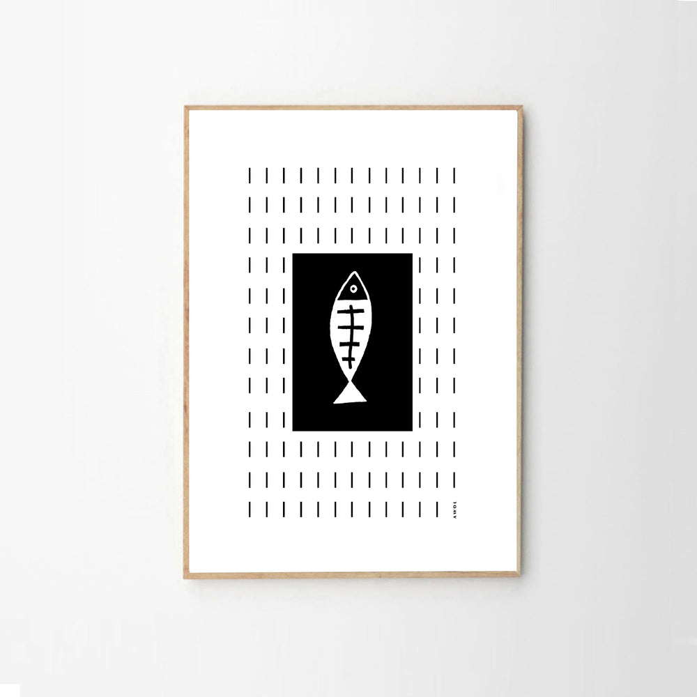 Minimalist Fish Art Abstraction In Rain Pattern, Black and White Framed Art Print