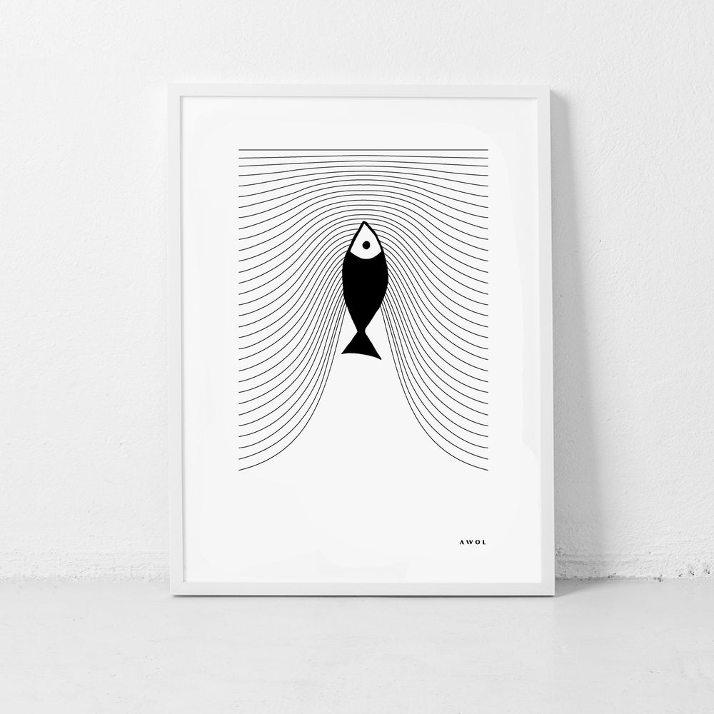 
                      
                        Minimalist Fish Art, Sardine Swimming In Abstract Sea: Scandinavian Poster Print
                      
                    