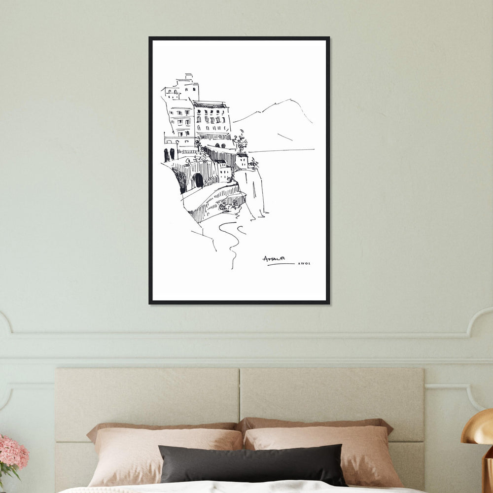 
                      
                        Amalfi Coast, Italy Travel Poster: Black And White Framed Art Print
                      
                    