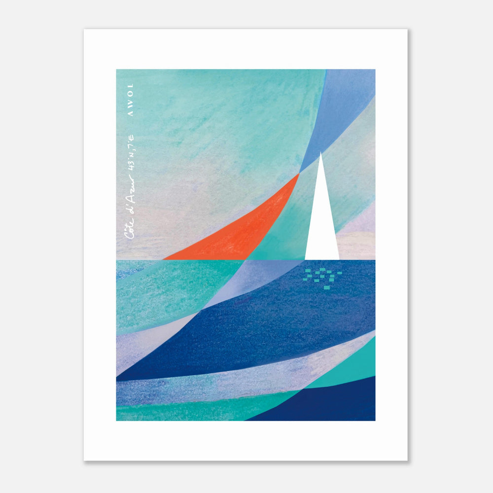 
                      
                        Blue Abstract Art With White Sailboat And Sunrise On the Mediterranean Sea: Poster Print
                      
                    