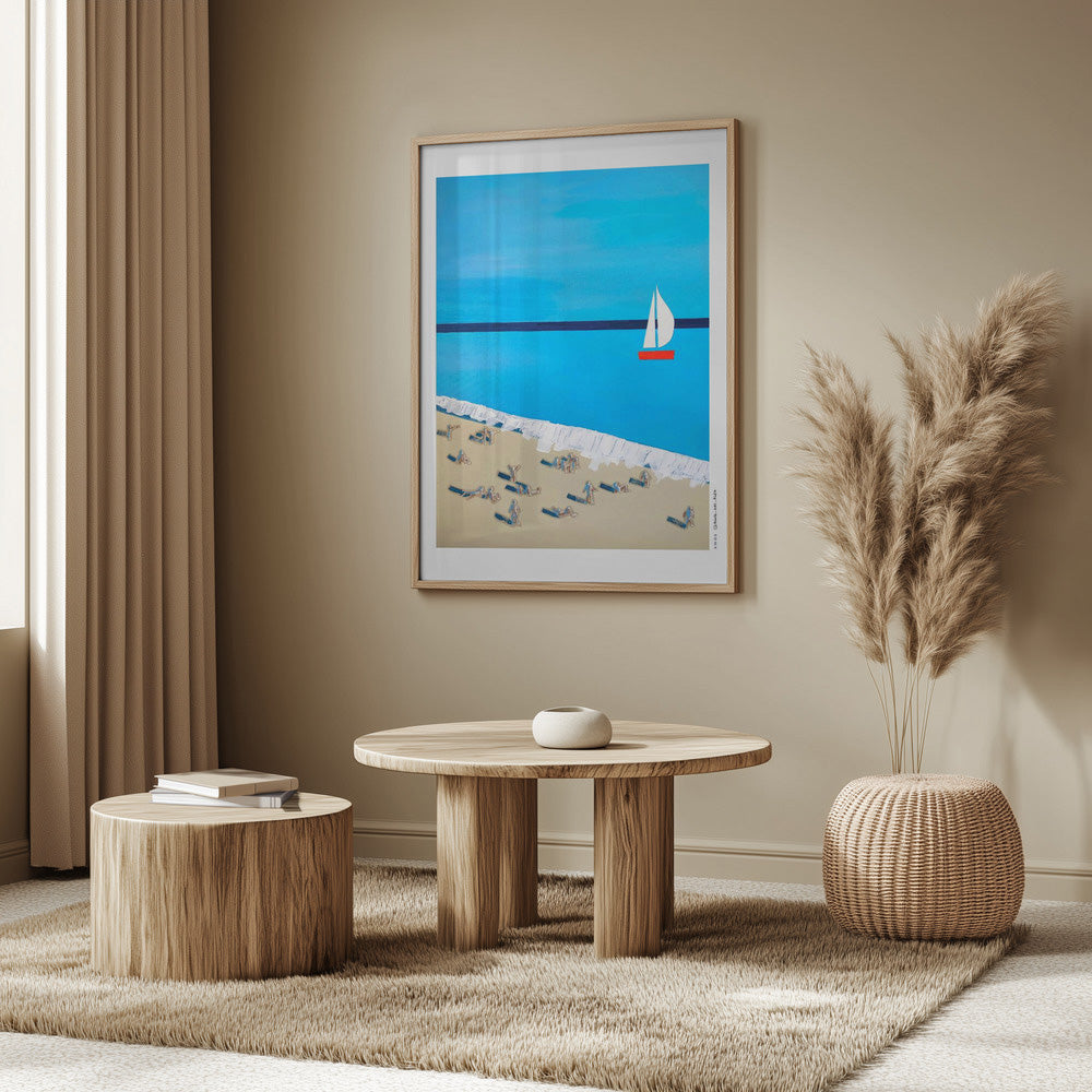 
                      
                        French Riviera Beach Poster – Minimalist Sailboat Art Print, Mid-Century Coastal Wall Art, Mediterranean Travel Decor with Sunbathers: Fine Art Wooden Framed Art Print
                      
                    