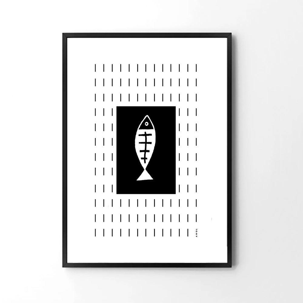 
                      
                        Minimalist Fish Art Abstraction In Rain Pattern, Black and White Framed Art Print
                      
                    