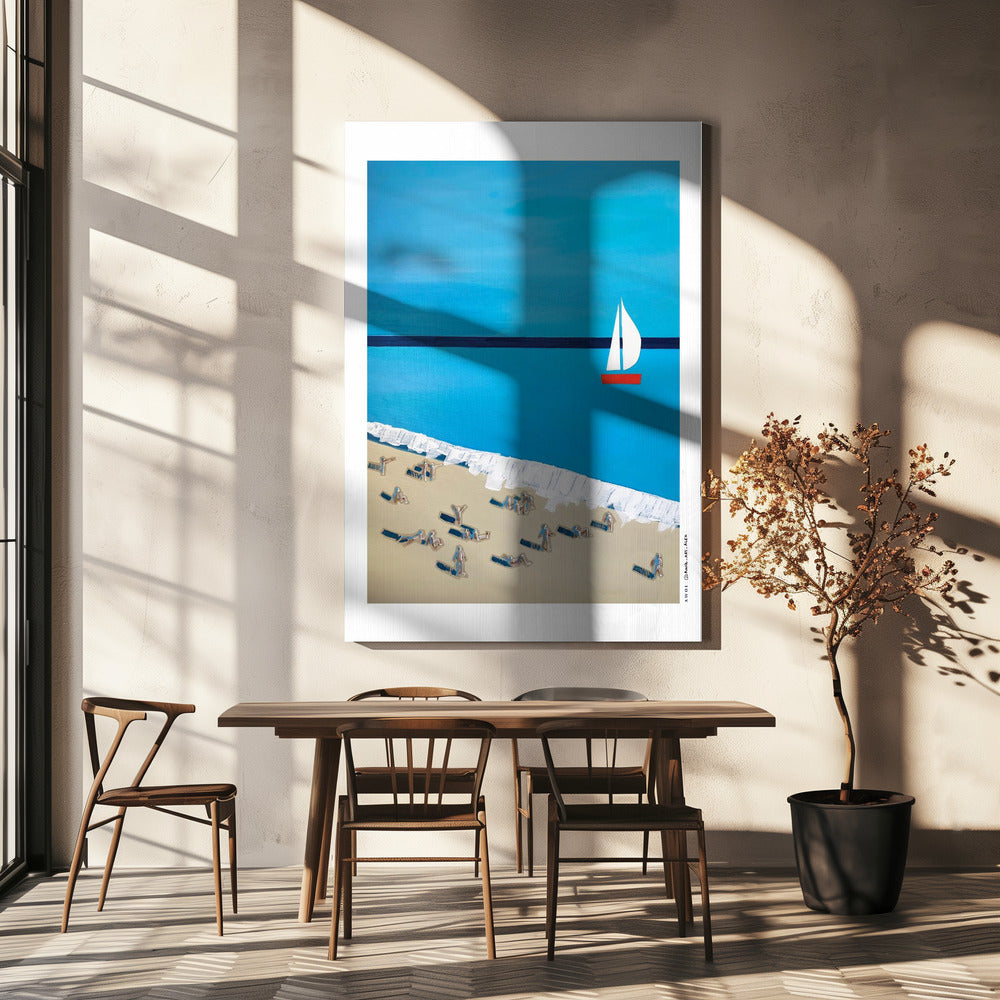 
                      
                        French Riviera Beach Poster – Minimalist Sailboat Art Print, Mid-Century Coastal Wall Art, Mediterranean Travel Decor with SunbathersFine Art Poster
                      
                    