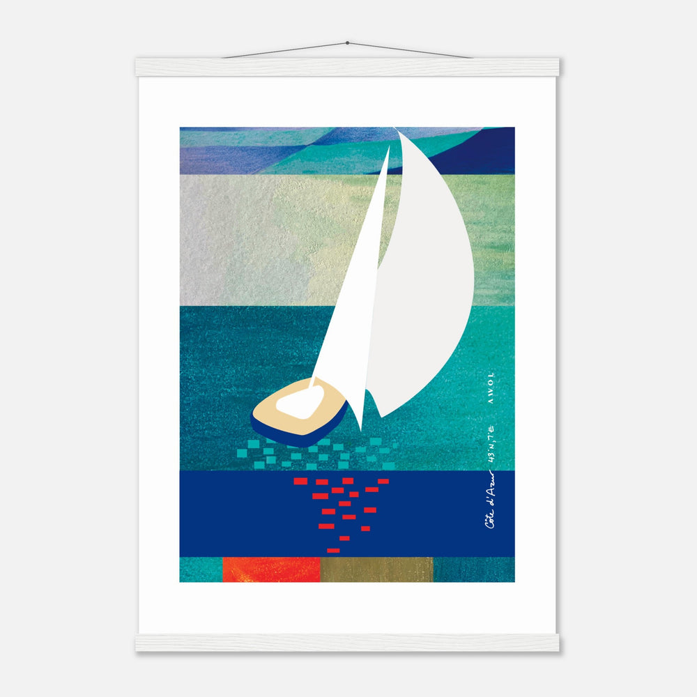 White Sailboat At Sunset On The Sea With Graphic Reflection: French Rivera Classic Matte Paper Poster with Hanger