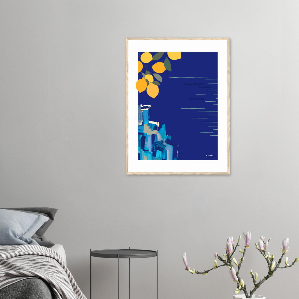 
                      
                        Mediterranean Blues: Landscape Art With Lemons By The Sea, Wooden Framed Art Print
                      
                    