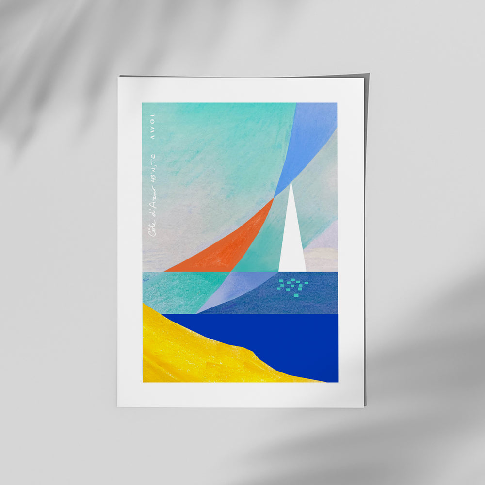 Abstract Sea Art And White Sailboat, Mediterranean Wall Art: French Riviera Poster Print