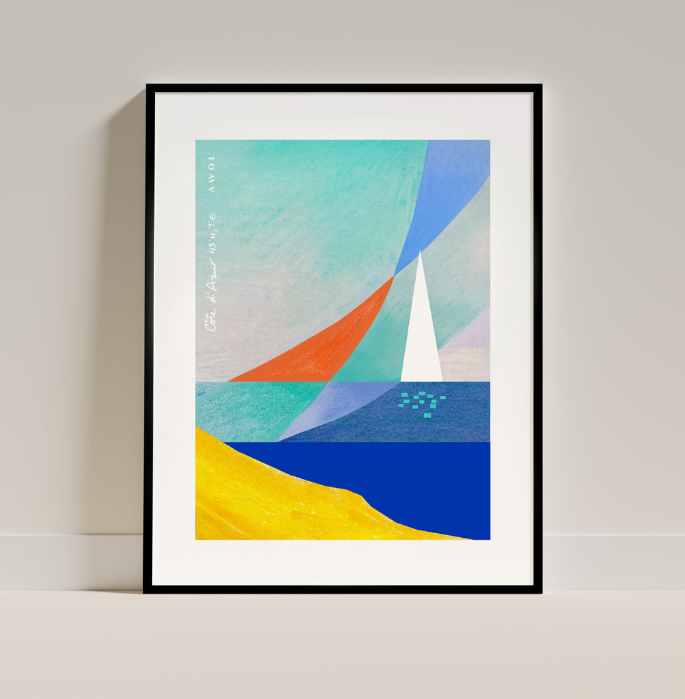 Sea And Sailboat Abstraction Art Of The Mediterranean Sea, French Riviera Nautical Art Print: Wooden Framed Poster Print