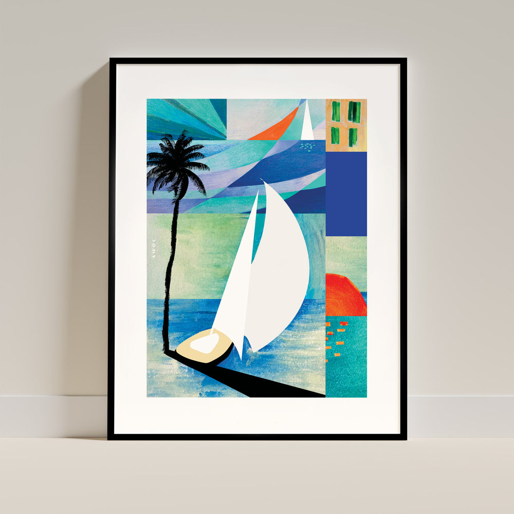 Sunrise, Sailboat And Palm Tree Beach, Sea Art : Framed Art Print