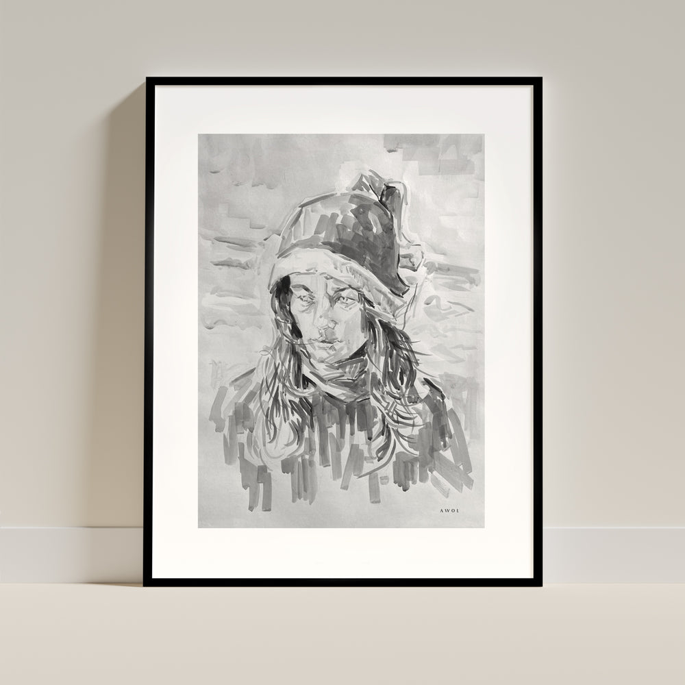 Portrait Of A Woman On The Beach: Wooden Framed Art Print