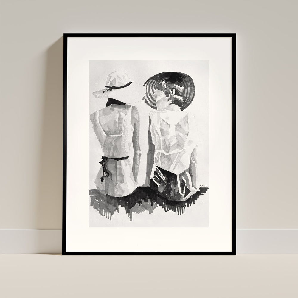 Girlfriends With Hats On The Beach Telling Secrets: Framed Print