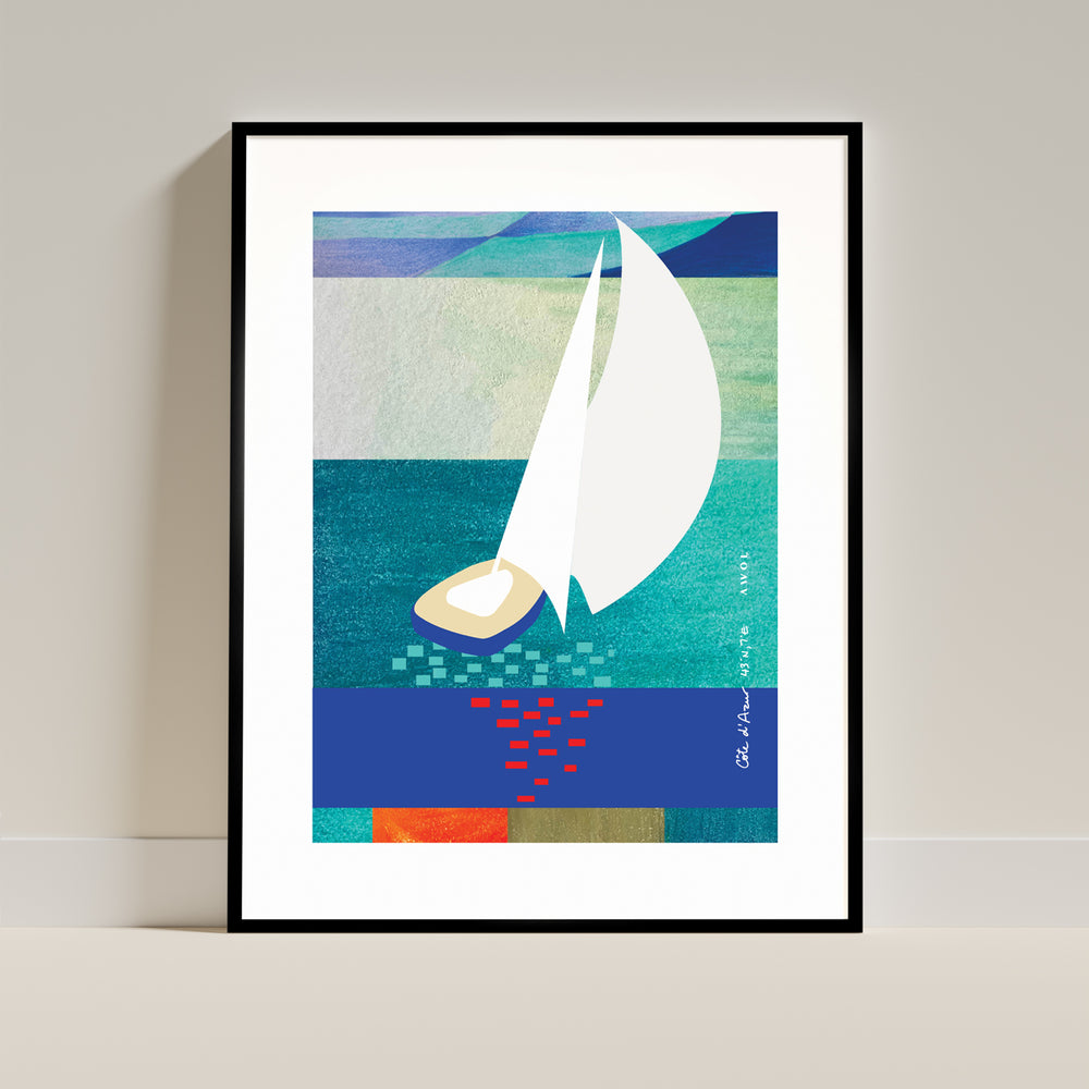 White Sailboat At Sunset On The Sea With Graphic Reflection: French Rivera: Classic Matte Paper Wooden Framed Poster