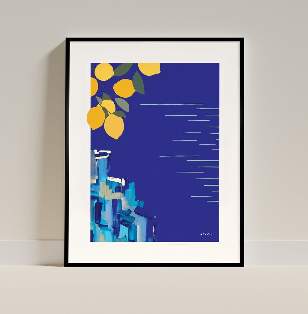 Mediterranean Blues: Landscape Art With Lemons By The Sea, Wooden Framed Art Print