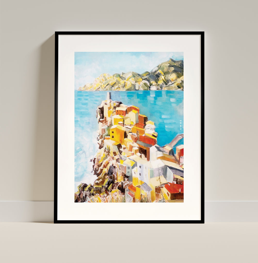 Colourful Town On A Cliff By The Sea In Italy: Italian Riviera Framed Art Print