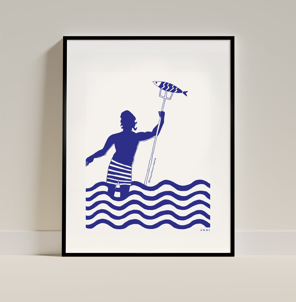 Man With Fish In The Sea: Gone Fishing Artwork, Wooden Framed Art Print