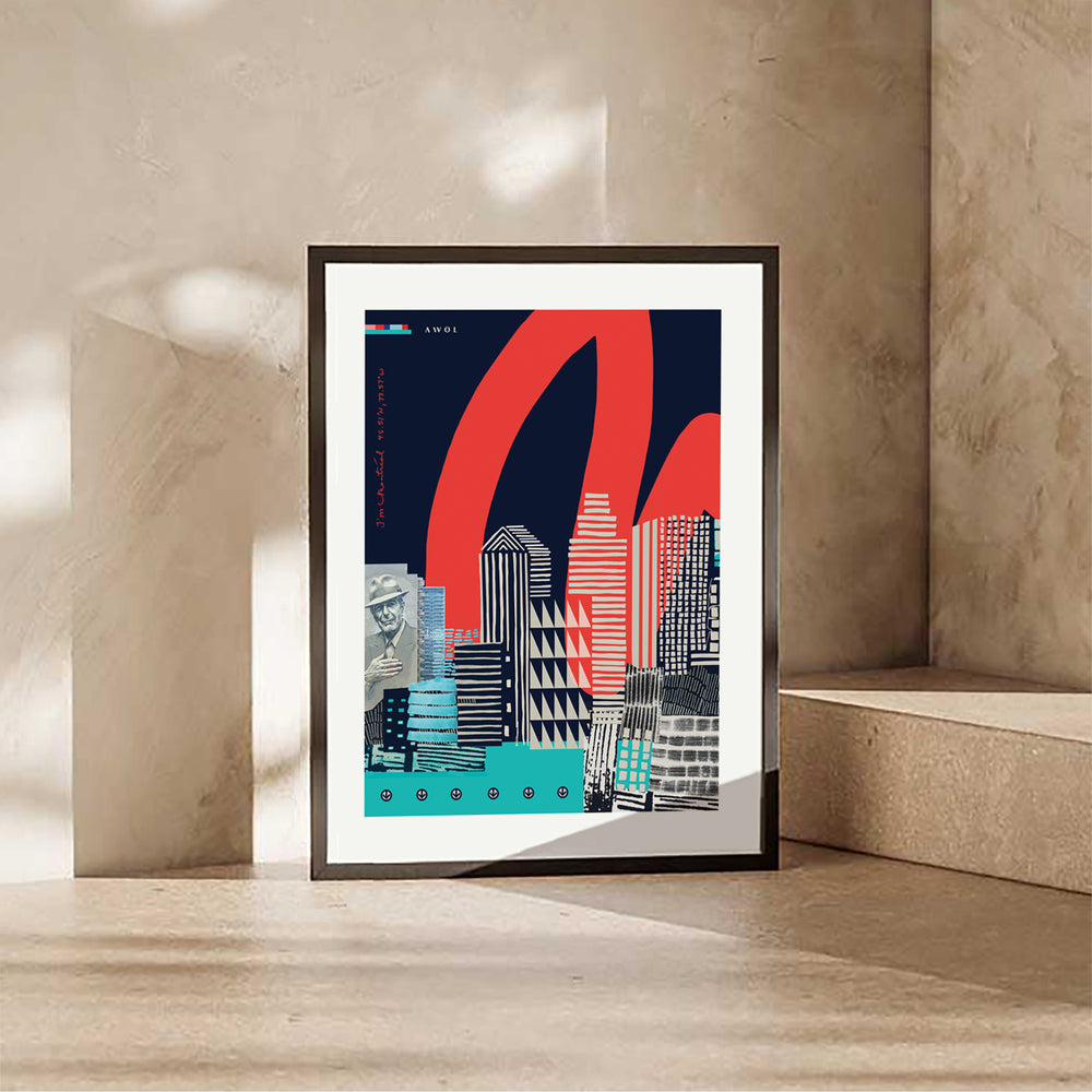 Modern Montreal Skyline, Graphic City Art Print With Leonard Cohen and Skyscrapers: Metal Framed Poster Print