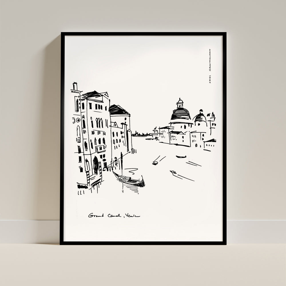 Venice Grand Canal, Black And White Italy: Wooden Framed Poster