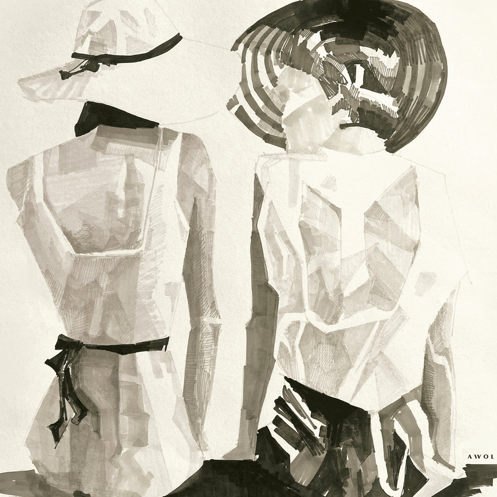 
                      
                        Mediterranean Elegance: Two Women In Hats On The Beach Looking At The Sea, Large Monochrome Canvas Art
                      
                    