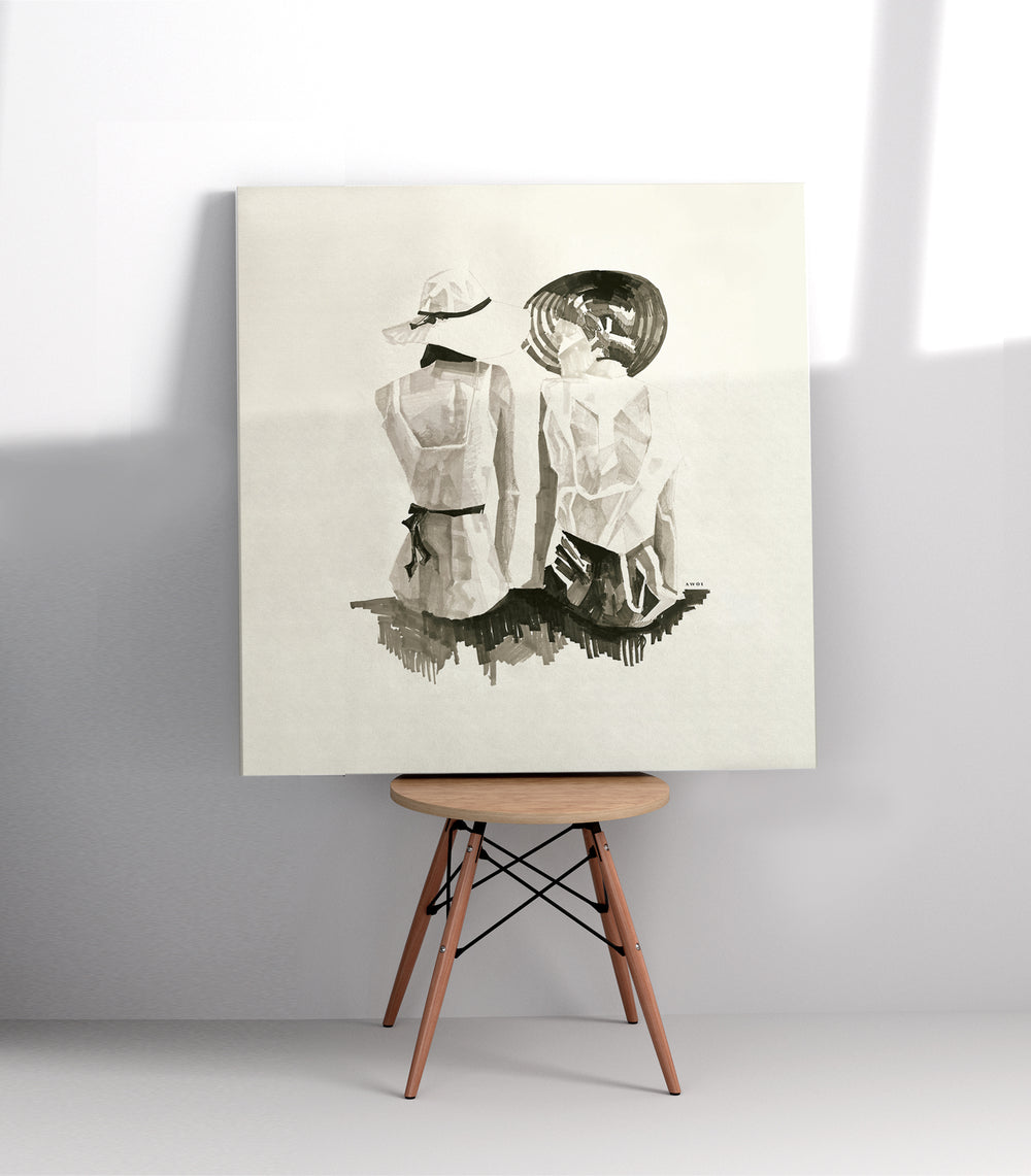 Mediterranean Elegance: Two Women In Hats On The Beach Looking At The Sea, Large Monochrome Canvas Art