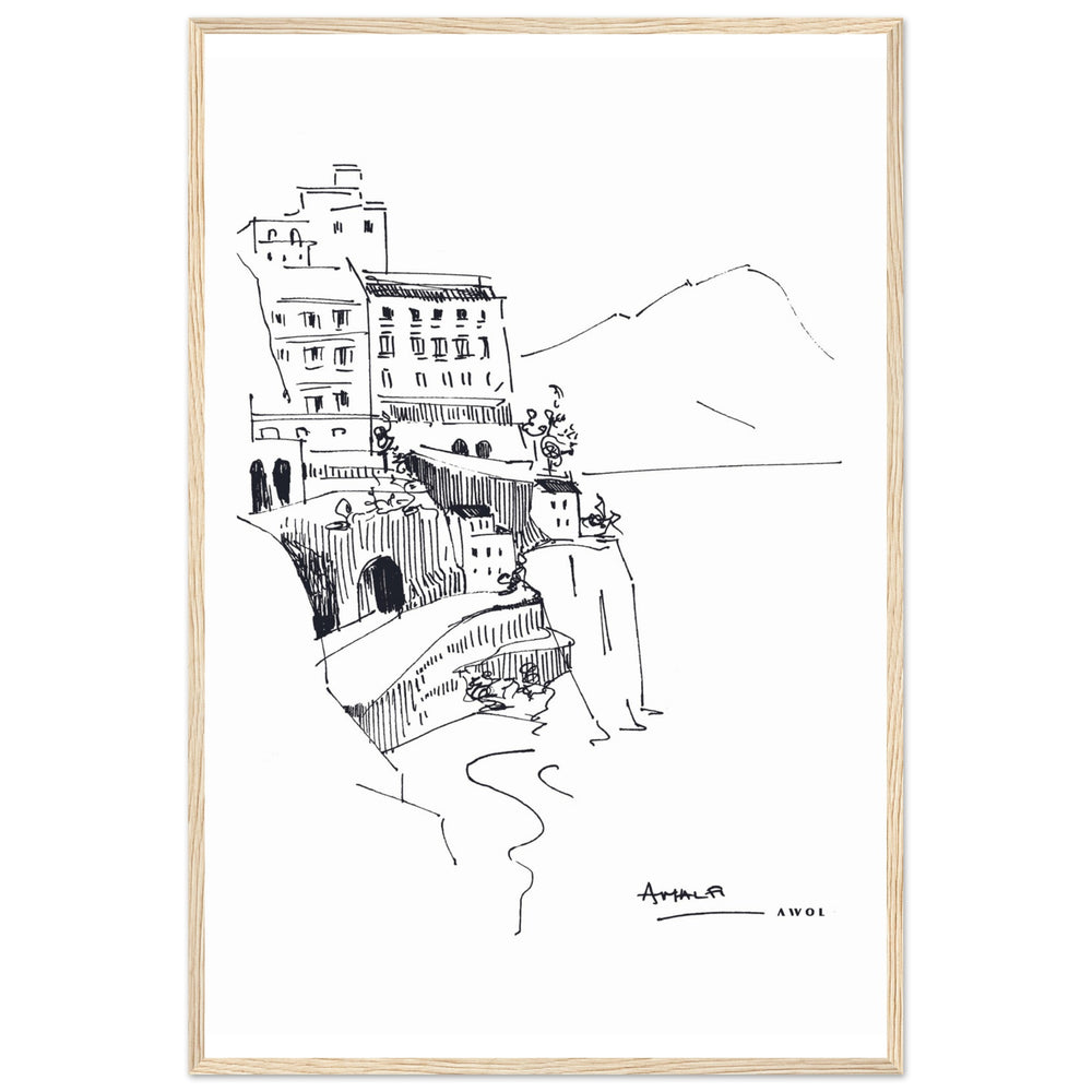 
                      
                        Amalfi Coast, Italy Travel Poster: Black And White Framed Art Print
                      
                    