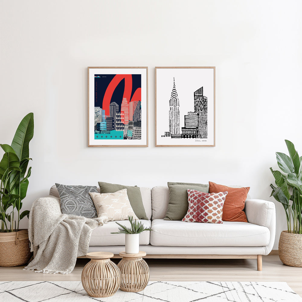 
                      
                        Modern Montreal Skyline, Graphic City Art Print With Leonard Cohen and Skyscrapers: Canvas Print
                      
                    