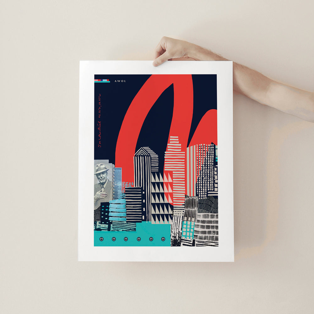 Modern Montreal Skyline, Graphic City Art Print With Leonard Cohen and Skyscrapers: Poster Print